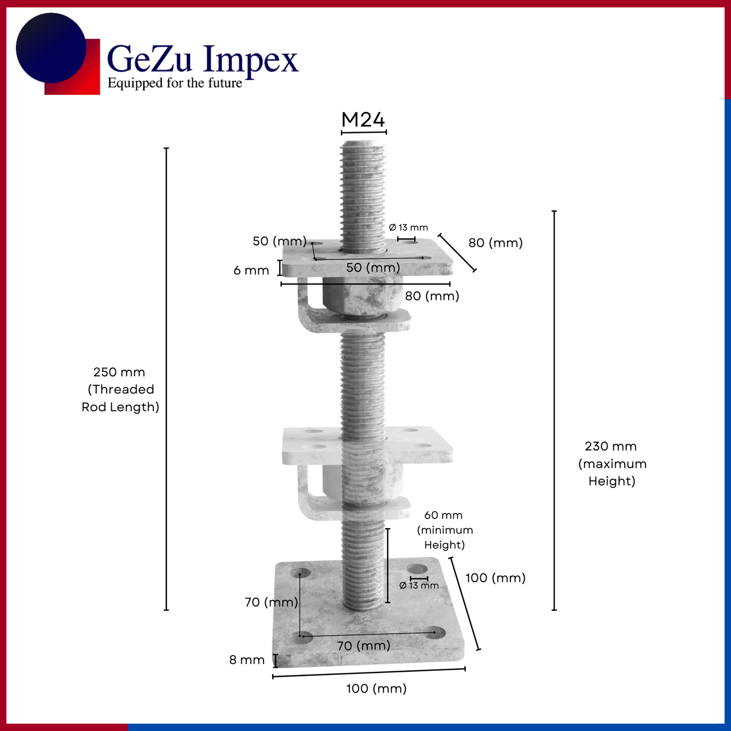 M24, adjustable in height up to 250 mm, 80 x 80 mm / Hot Dip Galvanised