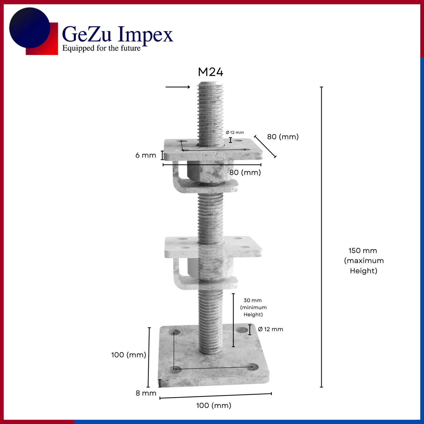M24, adjustable in height upto 150 mm, 80 x 80 mm / Hot Dip Galvanised