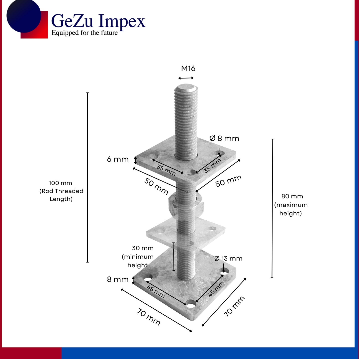 M16 nut size, adjustable in height upto 100 mm / Zinc Flake