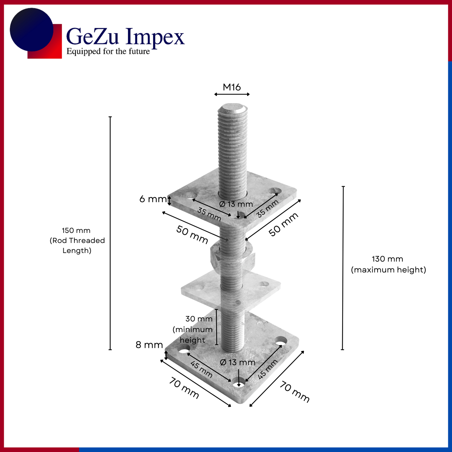 M16 nut size, adjustable in height upto 150 mm / Zinc Flake