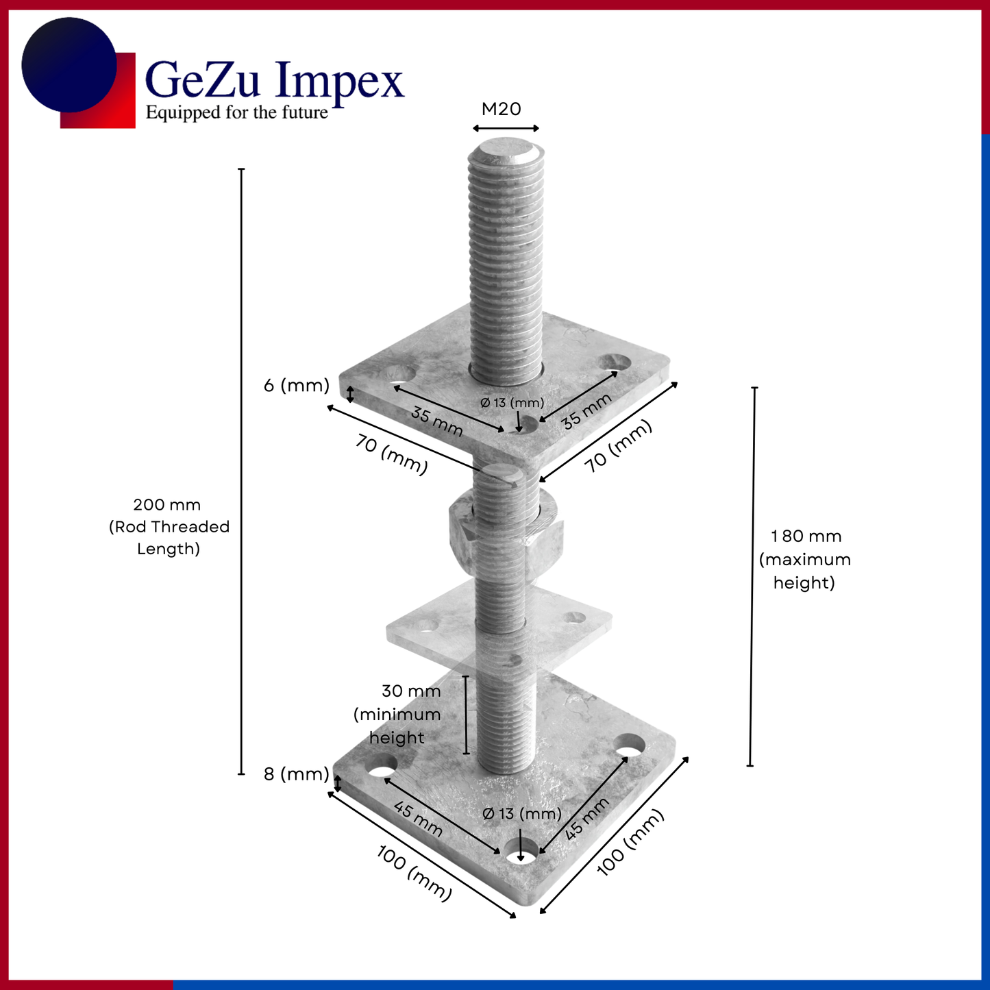 M20 nut size, adjustable in height upto 200 mm / Zinc Flake