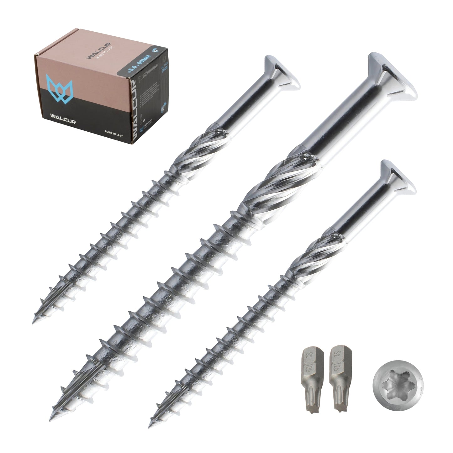 Vis Pour Terrasse 5.0x 60 mm A2 Inox Vis Autoperforante Pack 200 avec 2 Embouts Torx